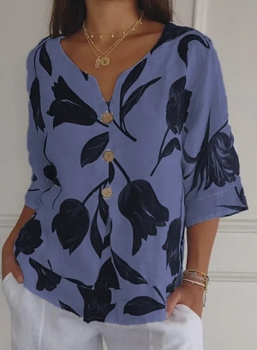 Liva – Printet Pullover-Shirt i Hør og Bomuld med V-hals!