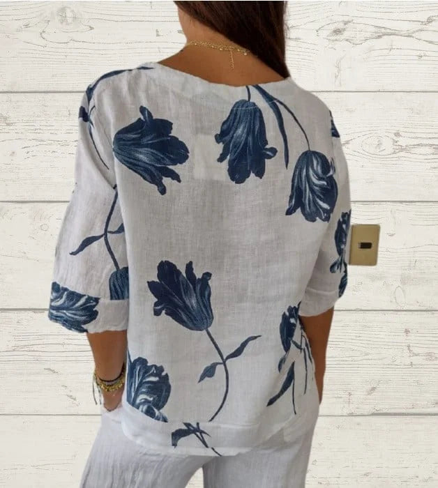 Liva – Printet Pullover-Shirt i Hør og Bomuld med V-hals!