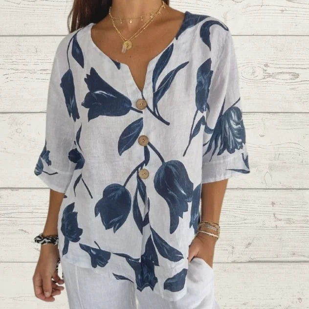 Liva – Printet Pullover-Shirt i Hør og Bomuld med V-hals!
