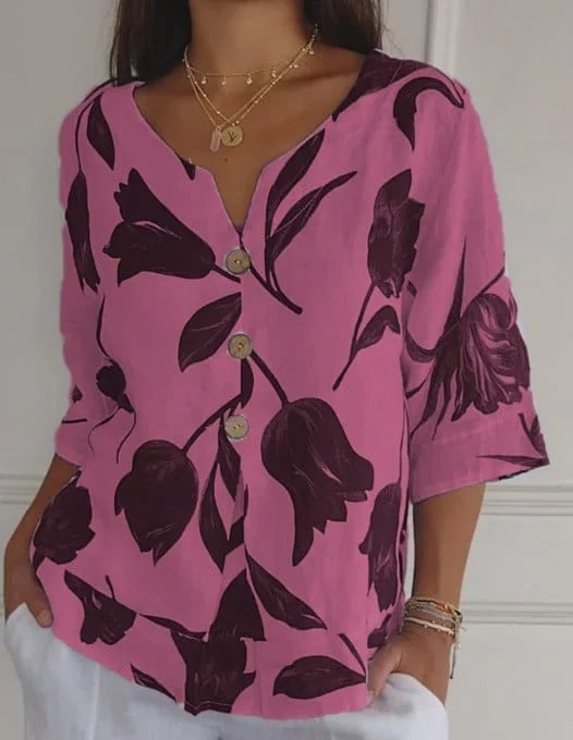 Liva – Printet Pullover-Shirt i Hør og Bomuld med V-hals!
