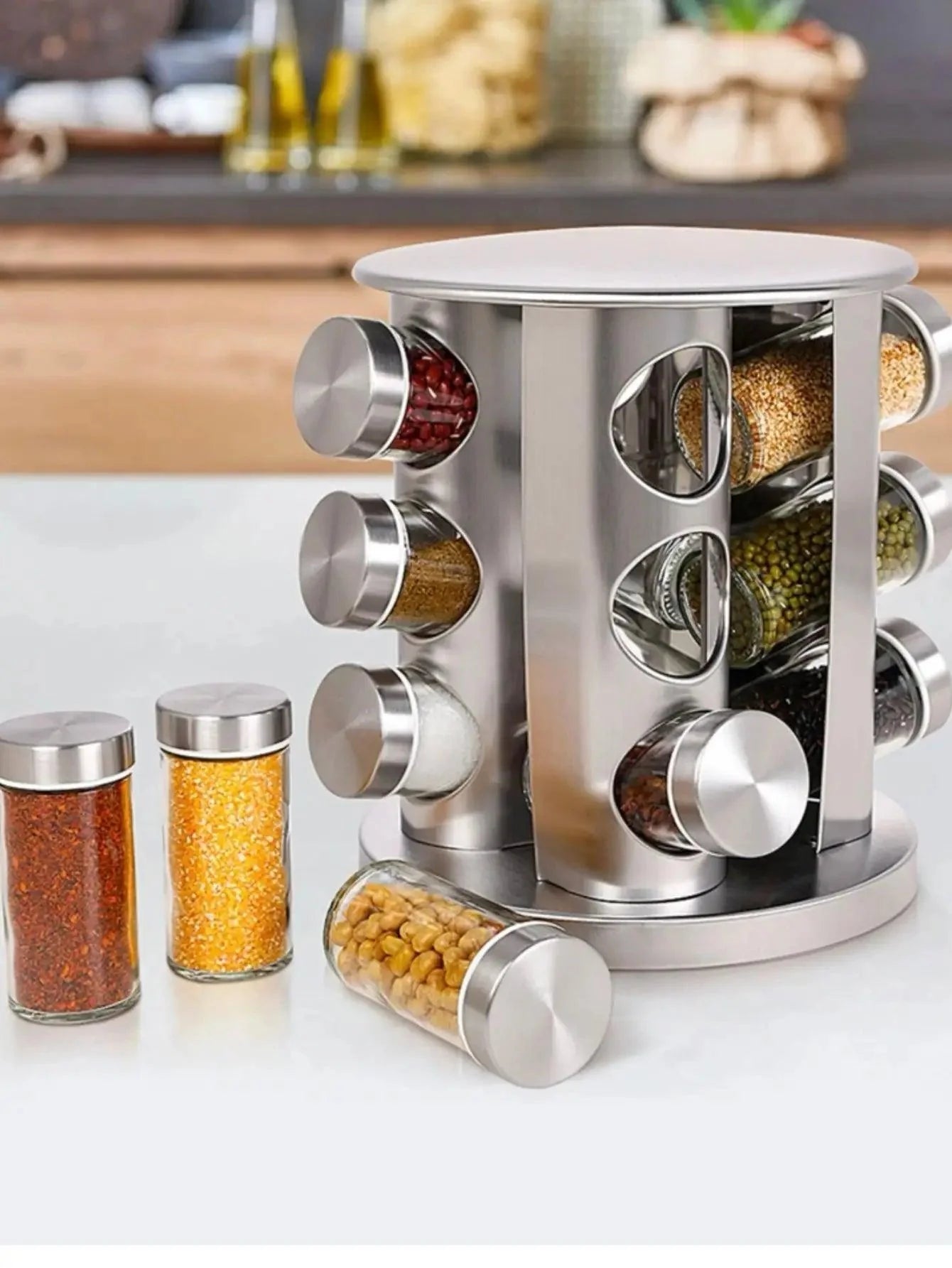 SpiceTurn - Roterende Sølv Krydderistativ med 12 Glas